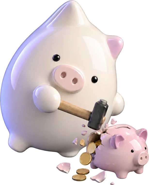 Walter, the Truffle pig, smashing a piggy bank with a hammer