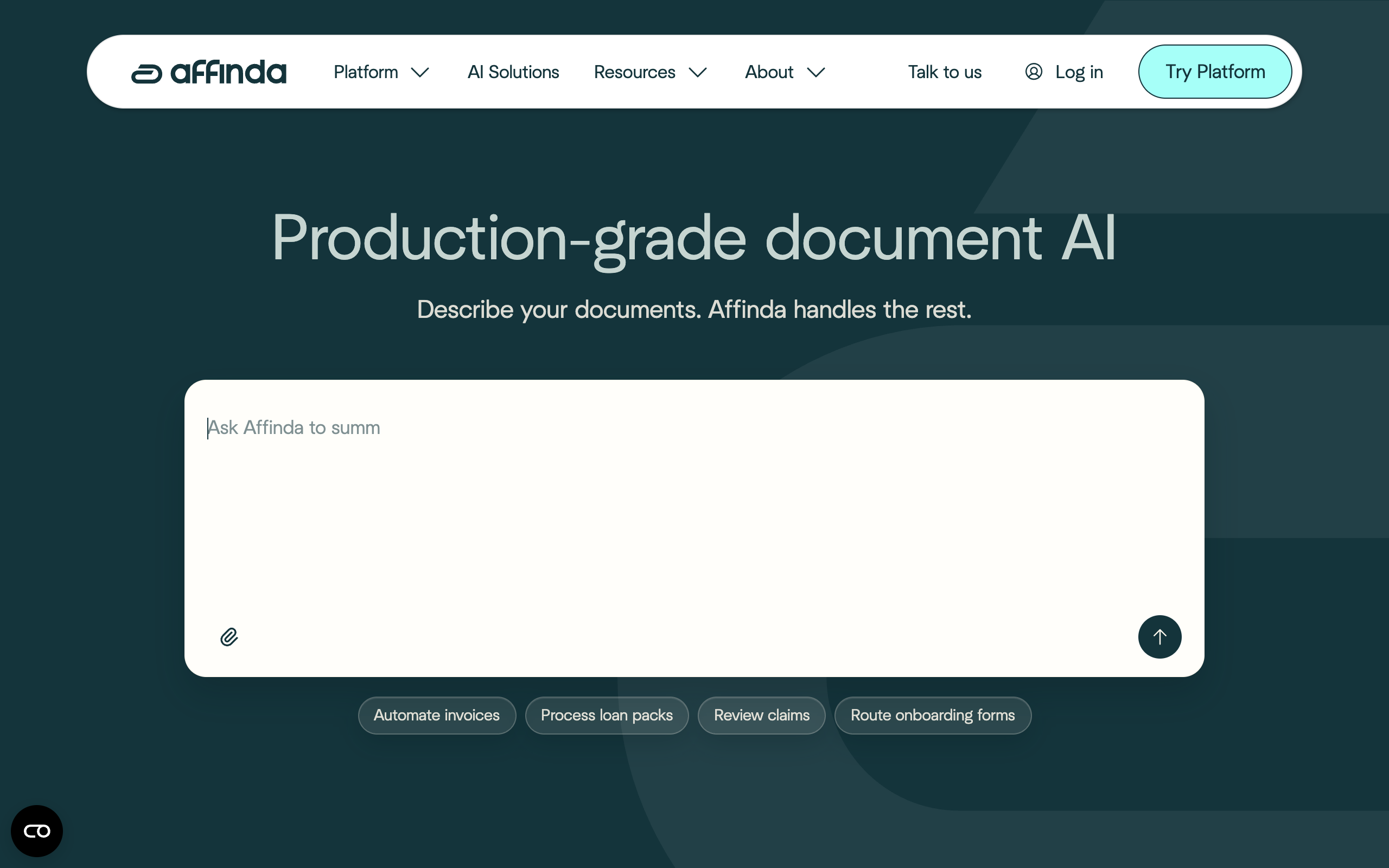 Affinda homepage, a production-grade document AI platform with a resume parser API