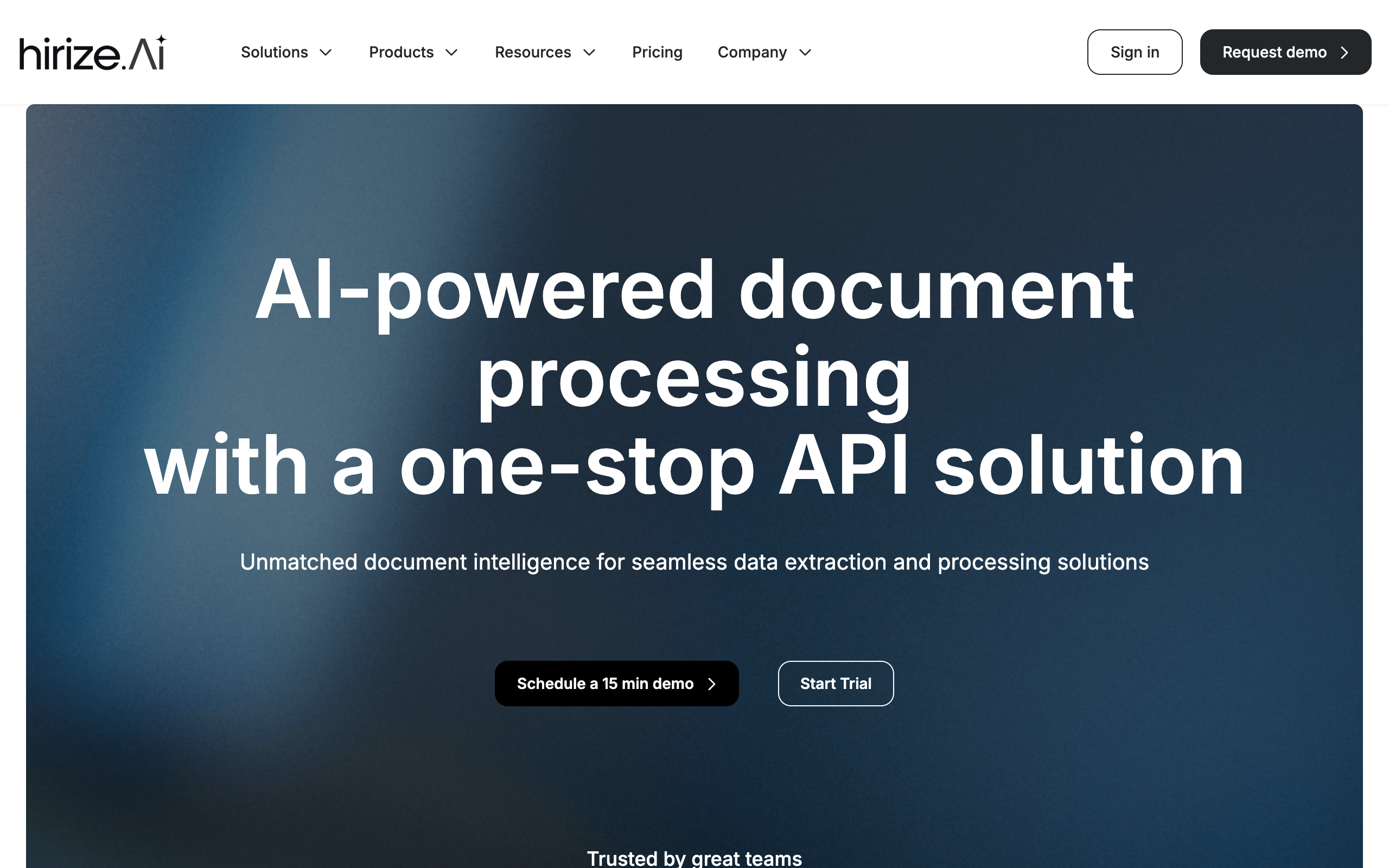Hirize homepage, an AI document processing and resume parsing API
