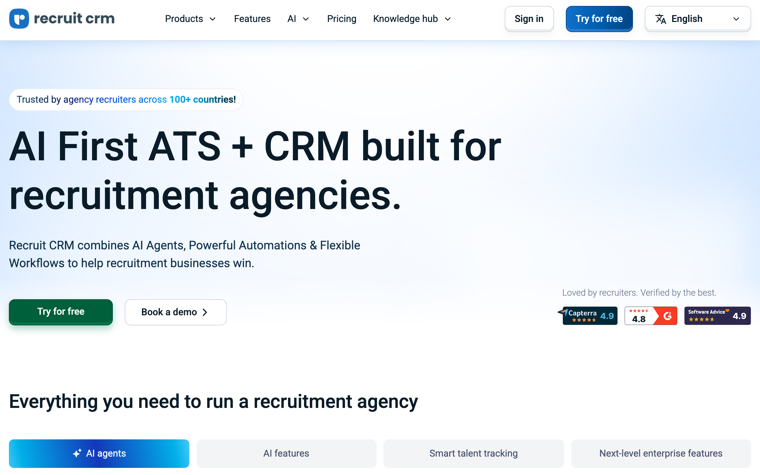 Recruit CRM homepage, an AI-first ATS and CRM built for recruitment agencies
