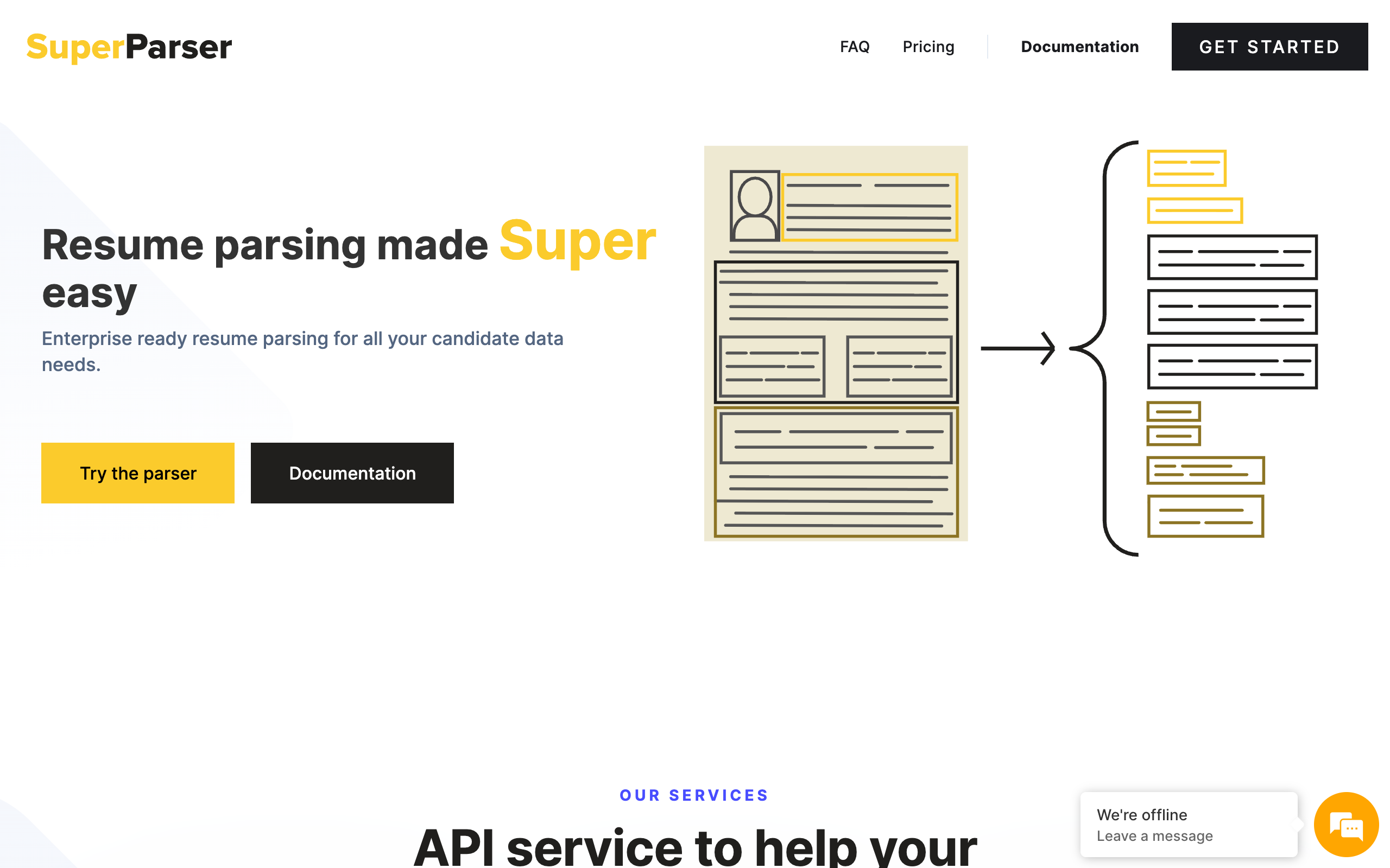SuperParser homepage, a resume parsing API for structured candidate data