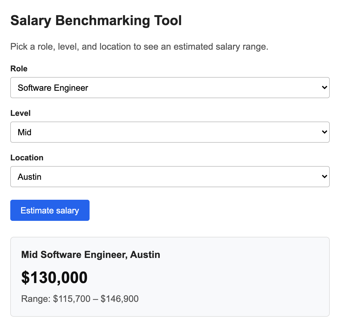 The first version of the salary benchmarking tool built with Claude. A plain form with role, level, and location dropdowns returns a $130,000 median for a mid-level software engineer in Austin, with a range of $115,700 to $146,900.