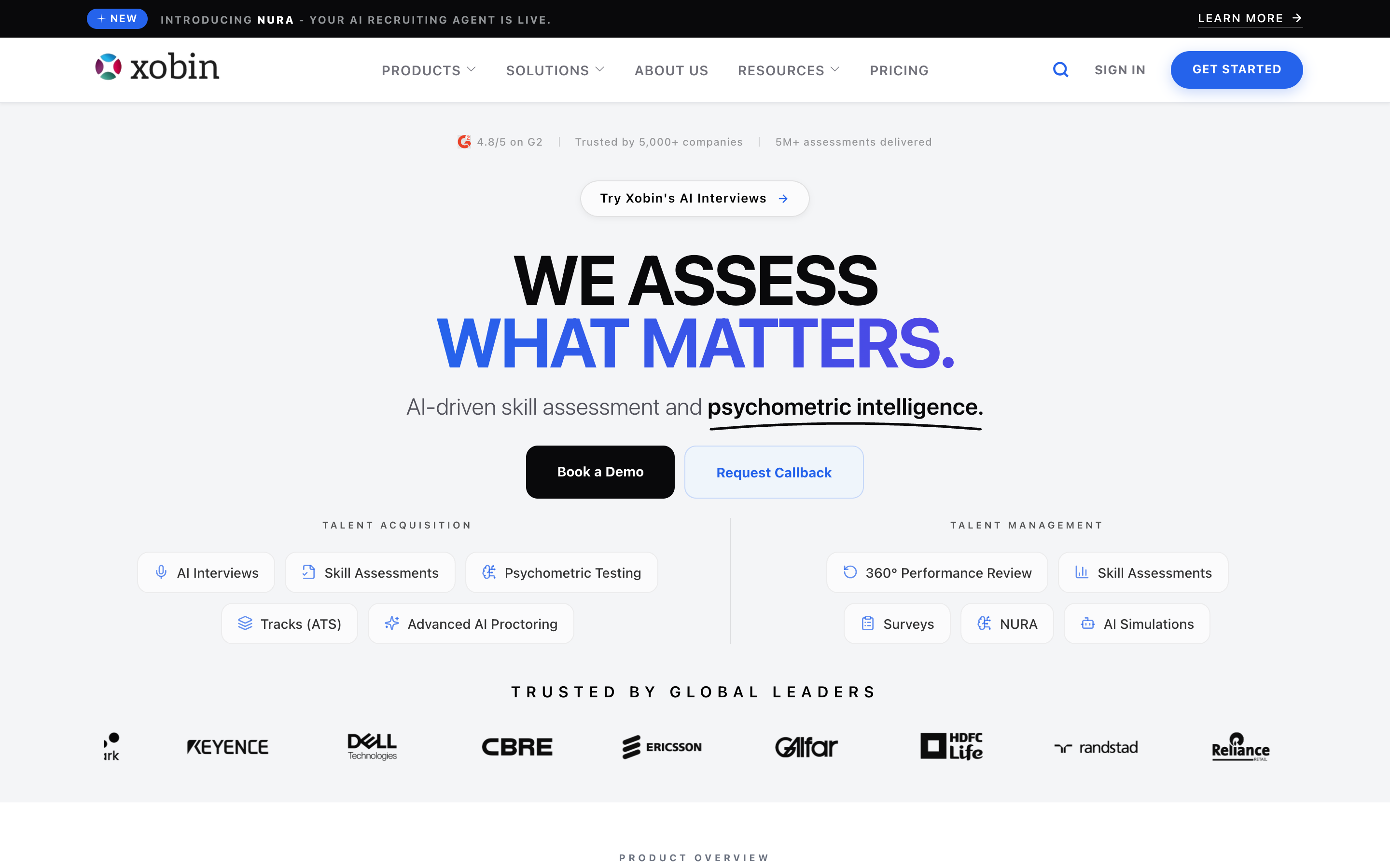 Xobin homepage, an AI-powered skills assessment and psychometric testing platform with an ATS layer