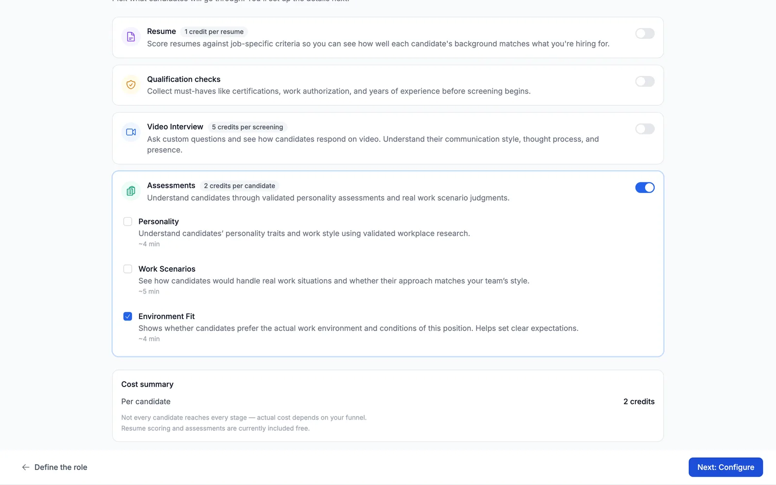 Environment Fit selected as the only screening component, with the Next button still enabled.