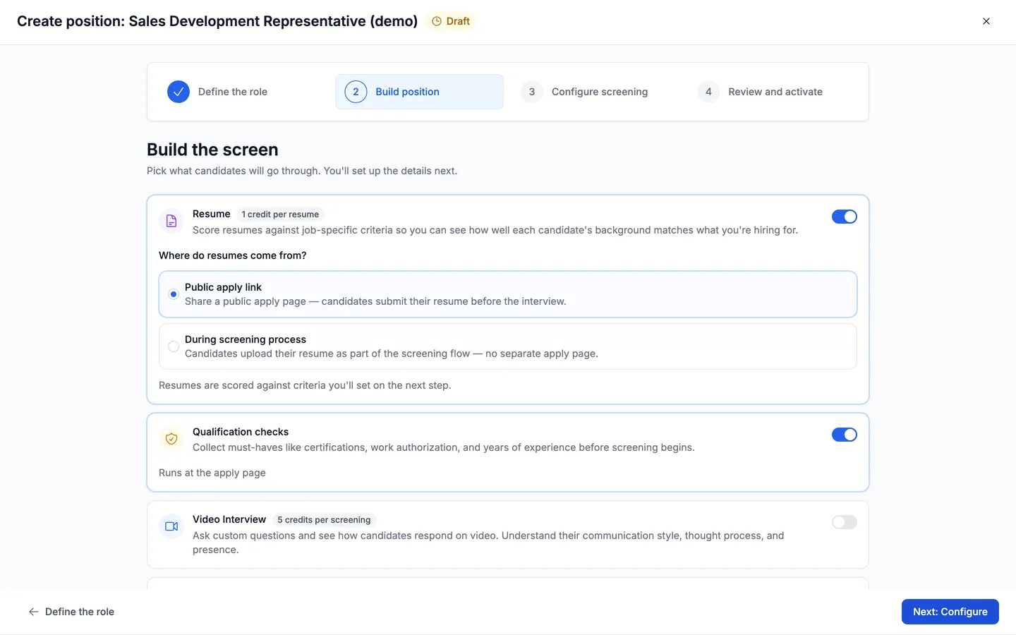 The Build position step with Resume enabled (Public apply link selected) and Qualification checks enabled, each with its description.
