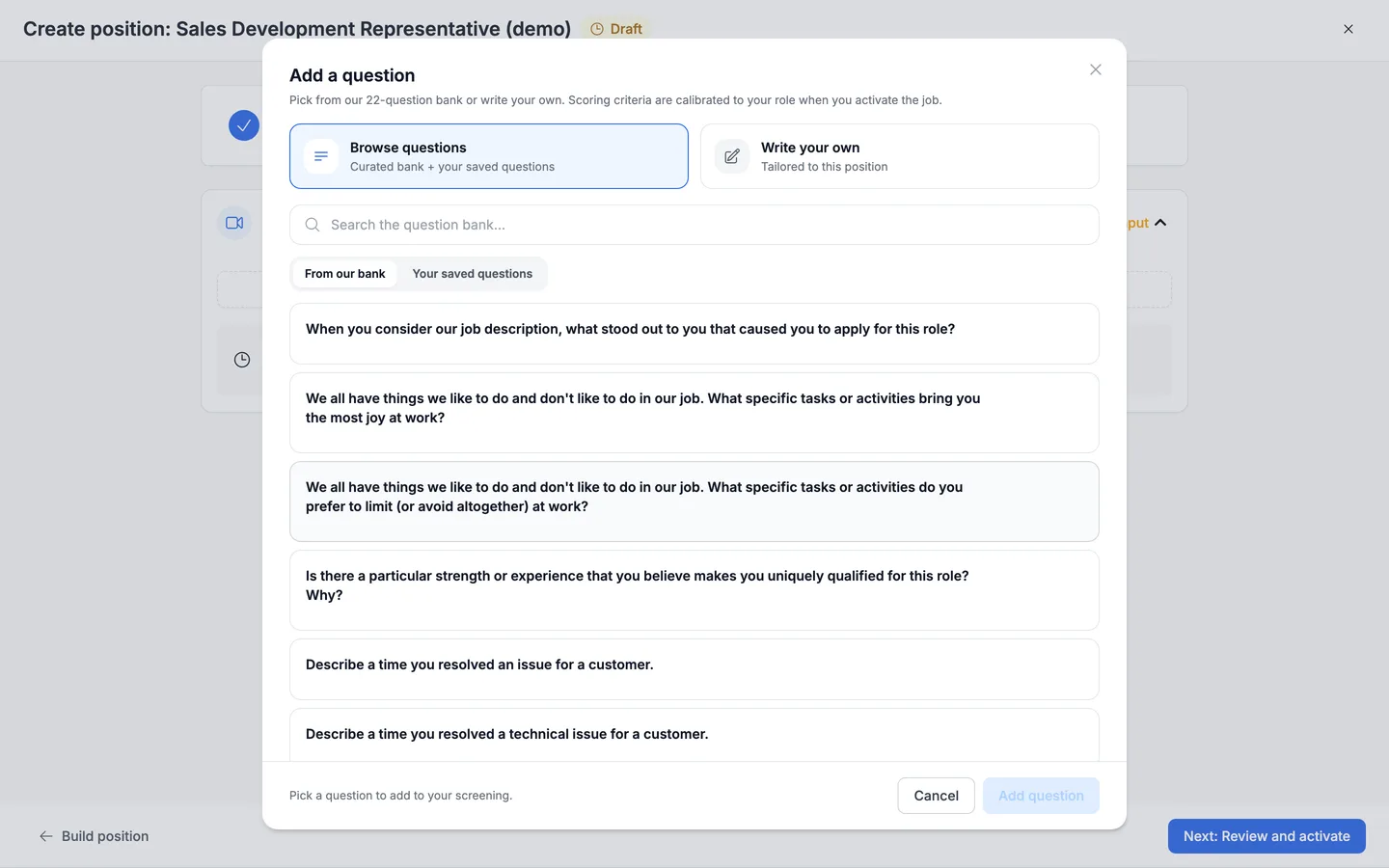 The Add a question modal, showing sources to write your own, use the question bank, or reuse a saved question, with sample bank questions listed.