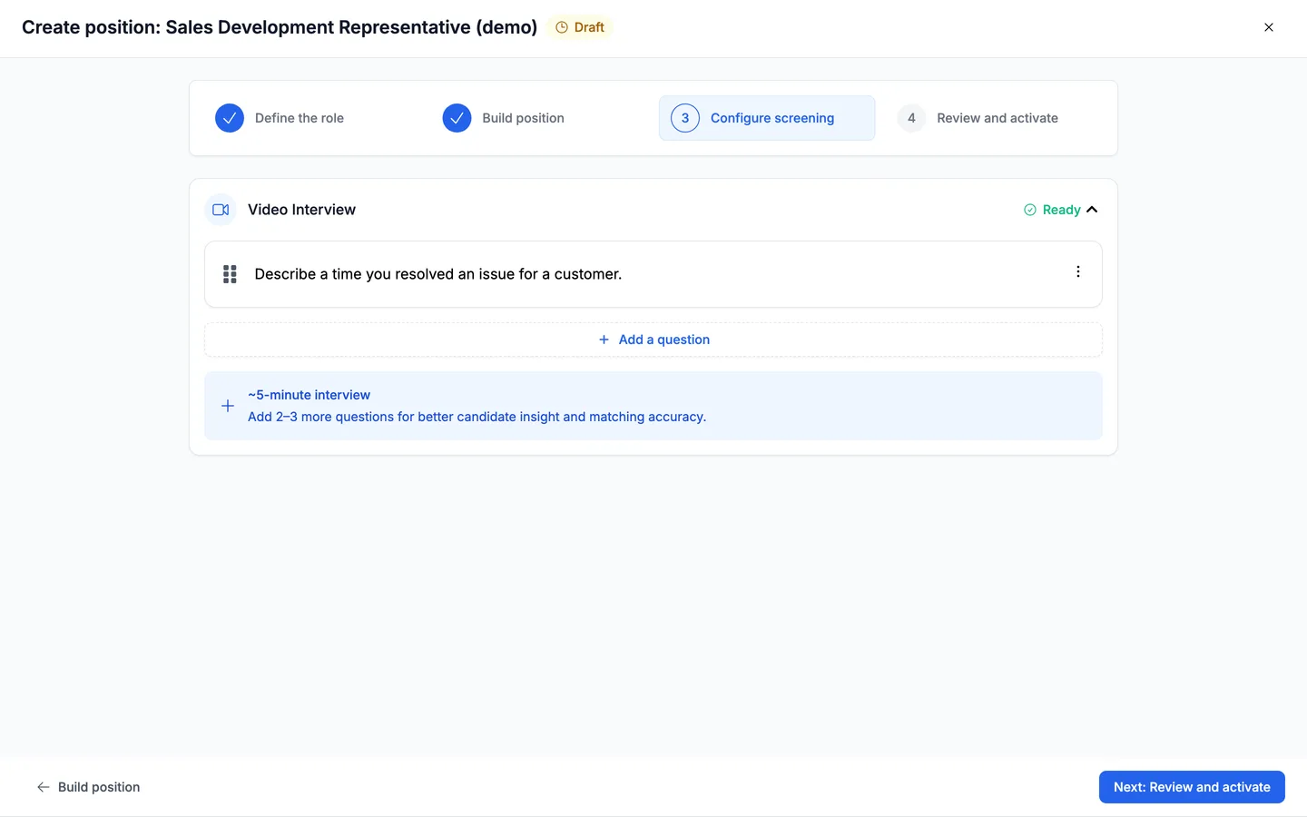The built interview with its question and response settings, ready for review.