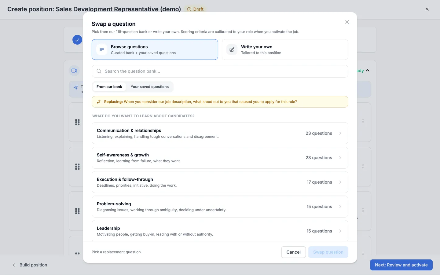 The Swap a question modal, showing the question bank grouped into competency categories with counts, a search box, and a Write your own option.