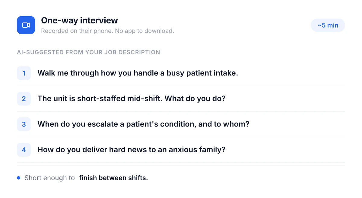 A healthcare one-way interview with four AI-suggested clinical questions, recorded on the candidate's phone in about five minutes