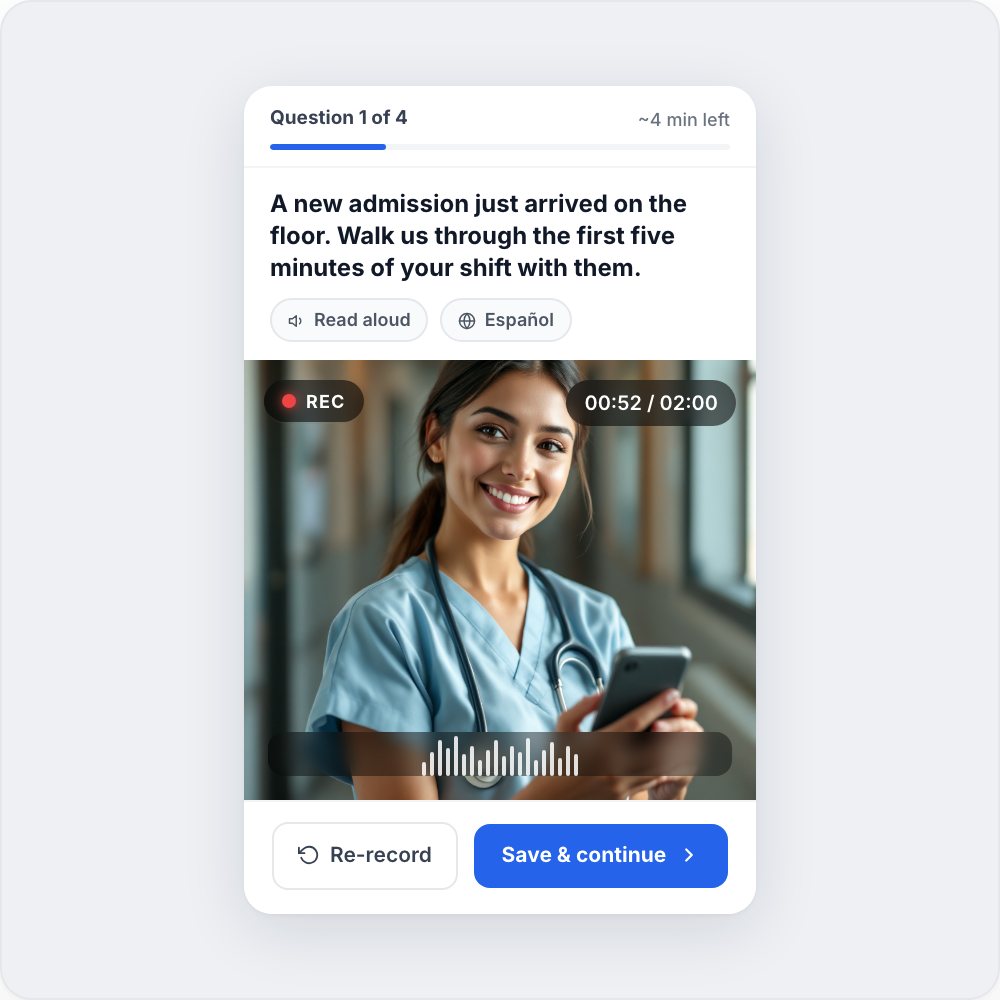Mobile candidate experience for a healthcare one-way video interview