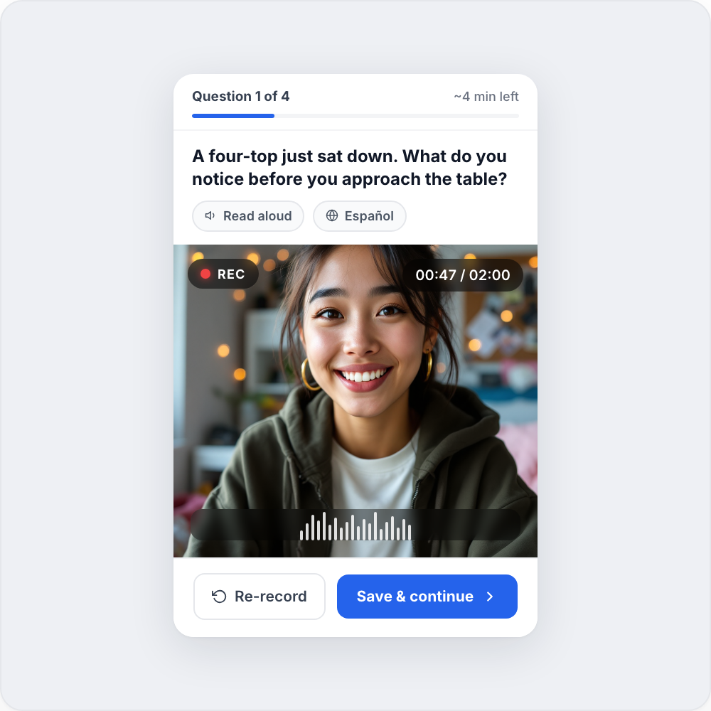 Mobile candidate experience for a restaurant one-way video interview