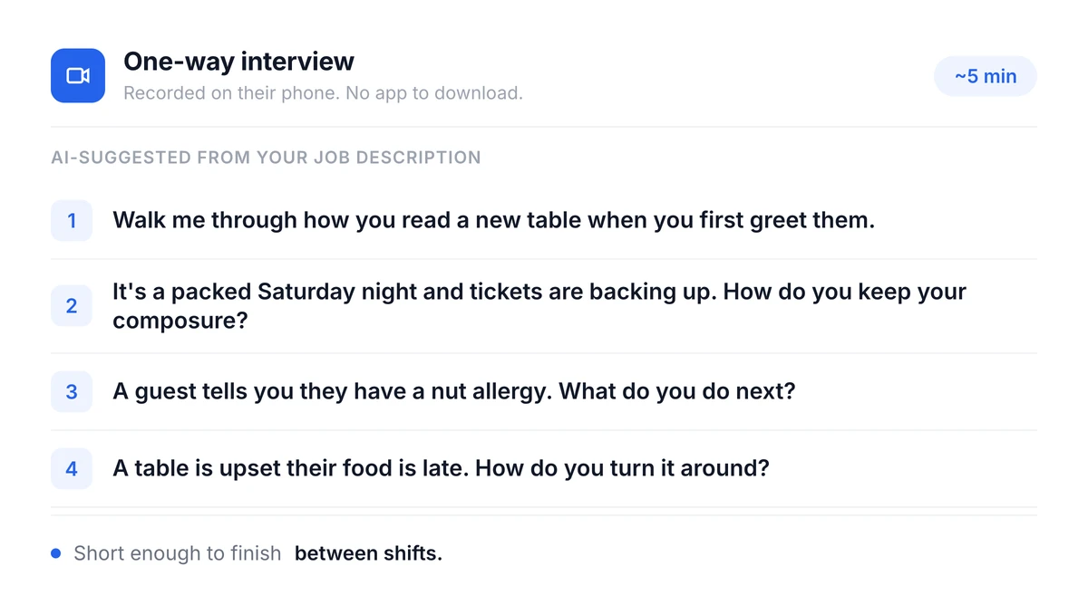 A one-way interview with four AI-suggested questions, recorded on the candidate's phone