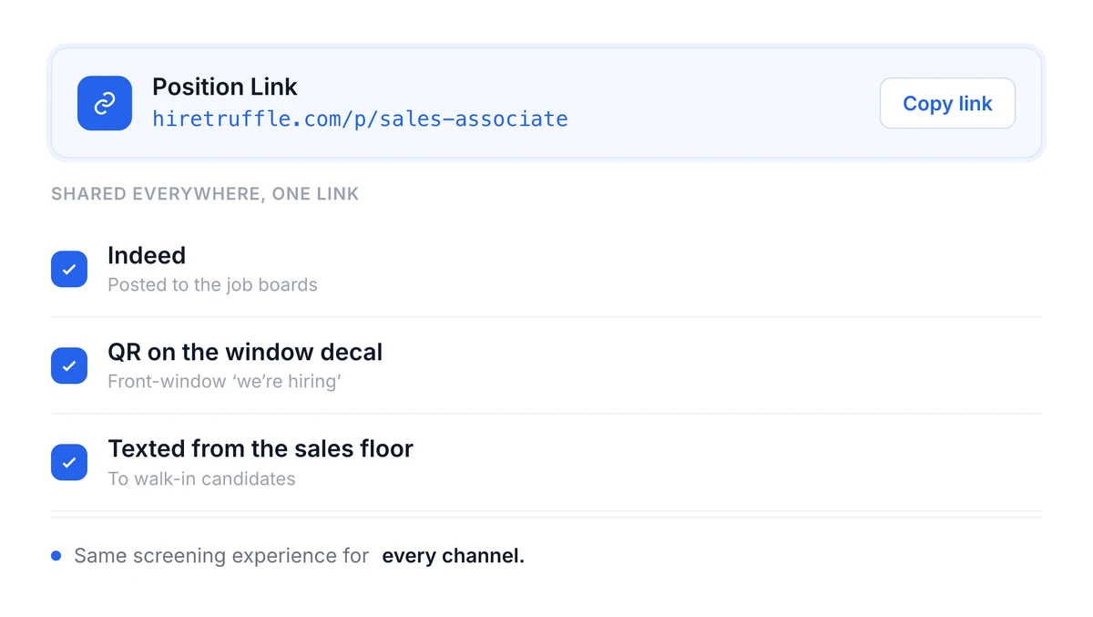 One Truffle Position Link for a retail sales associate, posted across every hiring channel