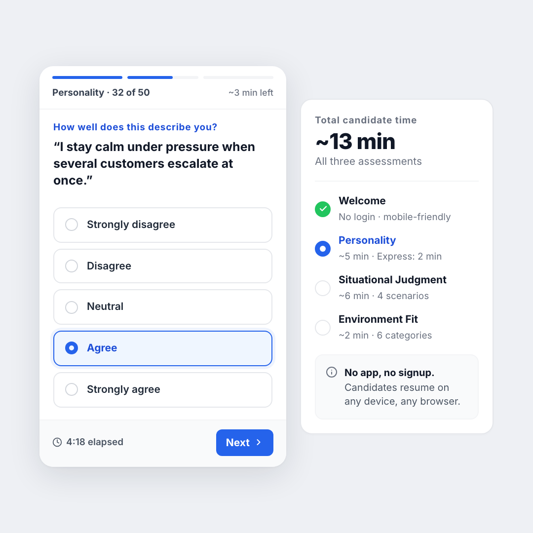 Candidate-facing notice and consent screen disclosing what each assessment measures, how data is used, who reviews results, and offering an ADA accommodation request and a decline-and-continue option