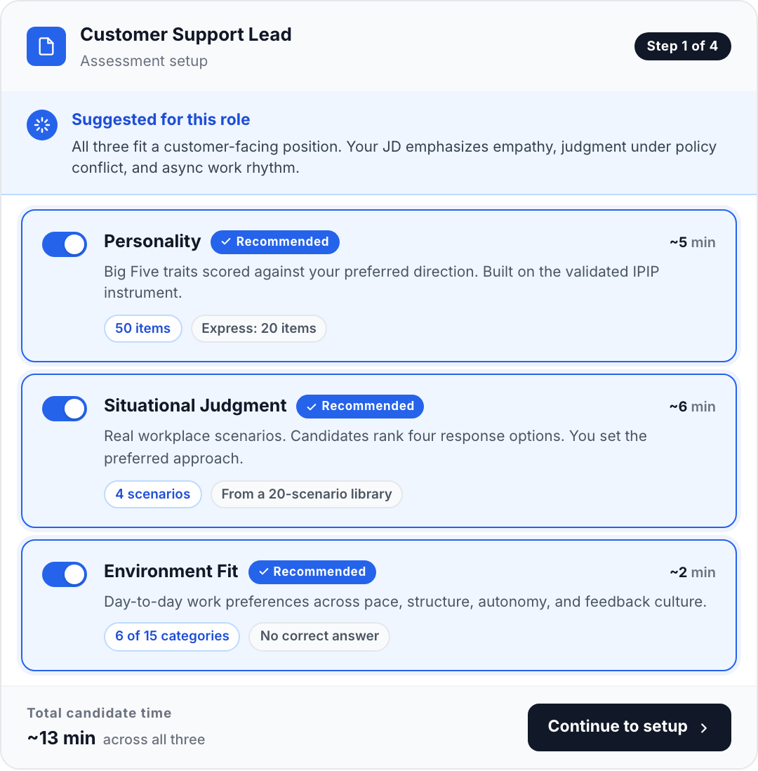 Role-family setup screen showing preferred Personality trait directions, ranked SJT response patterns, and Environment Fit role-reality selections