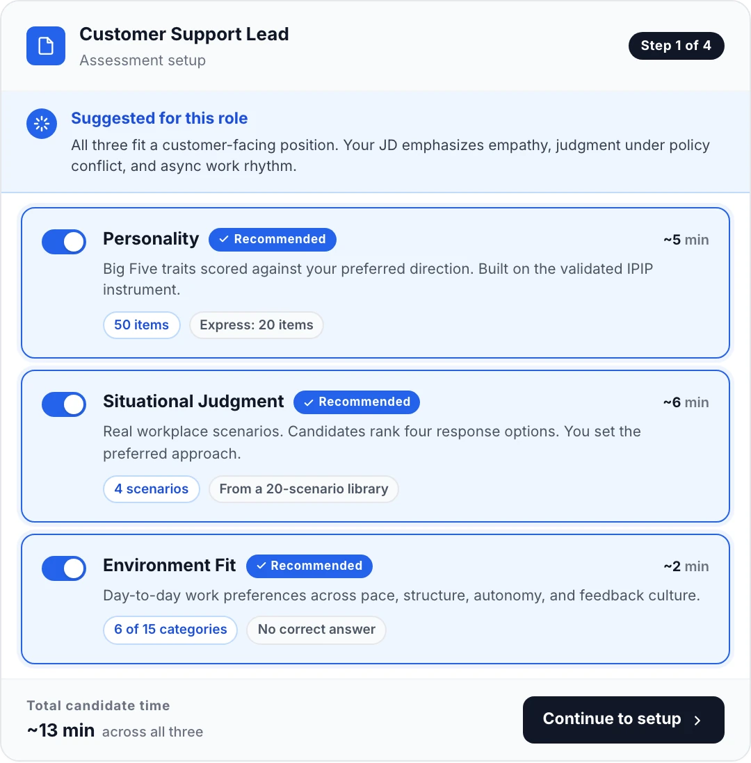 Role-family setup screen showing preferred Personality trait directions, ranked SJT response patterns, and Environment Fit role-reality selections
