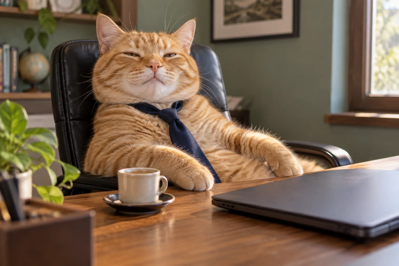 My work here is done: a contented office cat relaxes beside a closed laptop