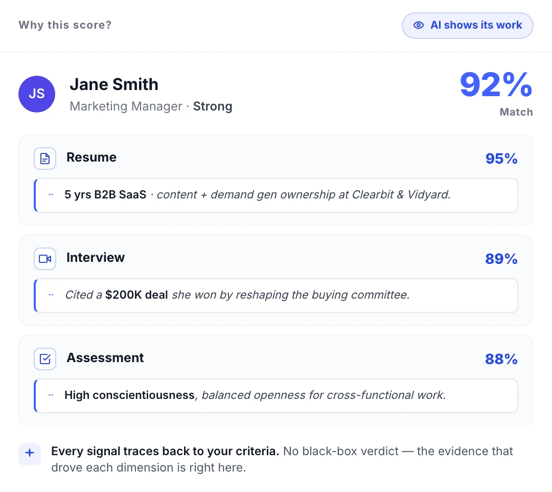 Truffle match score breakdown showing per-dimension evidence quotes for Resume, One-way interview, and Talent assessment — every score traces back to specific criteria, no black-box verdict