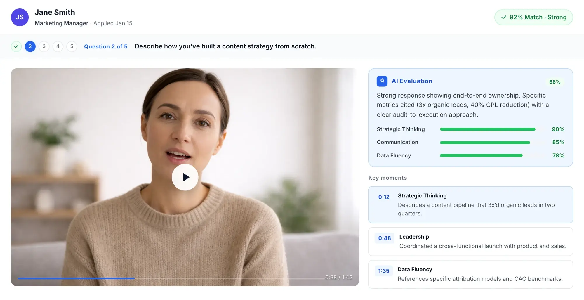 Truffle one-way video interview review screen with Candidate Shorts and match scores